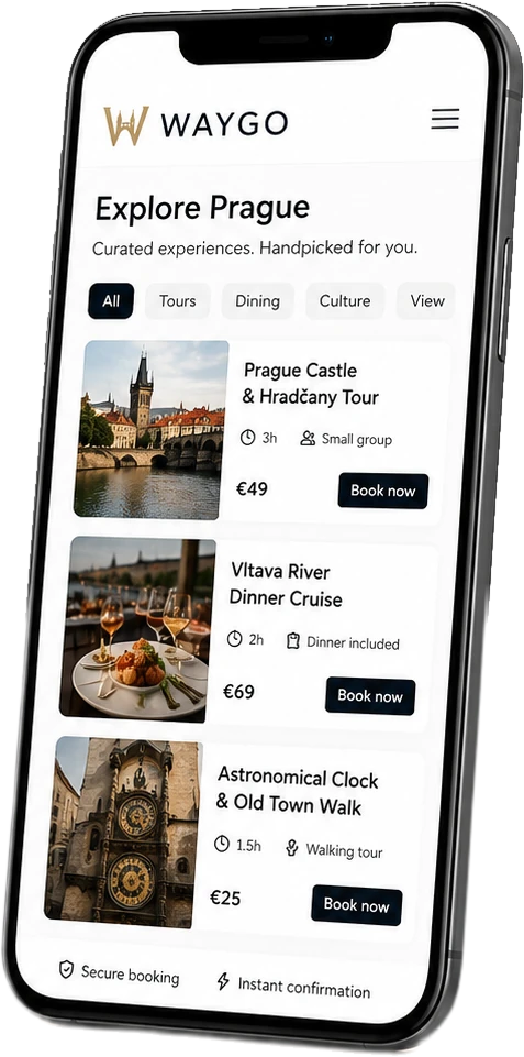 Waygo on a phone, showing hand-picked Prague experiences